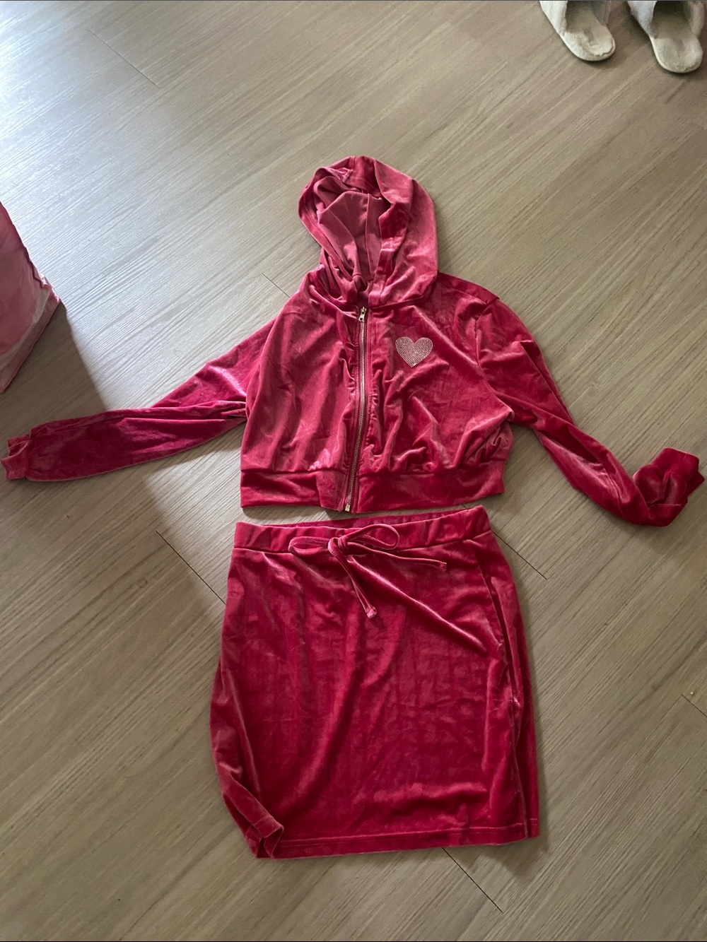 SHEIN Hot Pink Velour Zip Hoodie & Drawstring Skirt Set